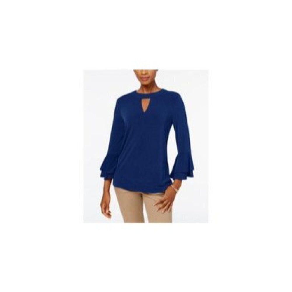 NWT Charter Club Black Scoop Neck Ruffle Sleeve Blouse with Key Hole Front